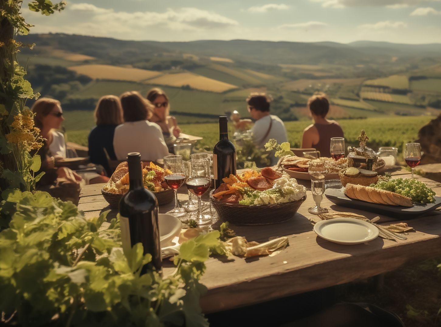 Ospiti che gustano piatti toscani in terrazza con vista panoramica