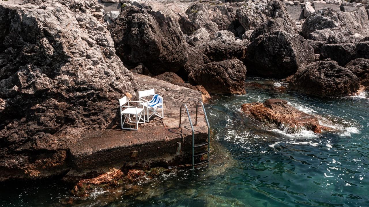Vista aerea della spiaggia privata e costa